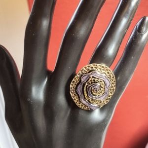 Oversized Purple and Gold Toned Flower Adjustable Cocktail Ring